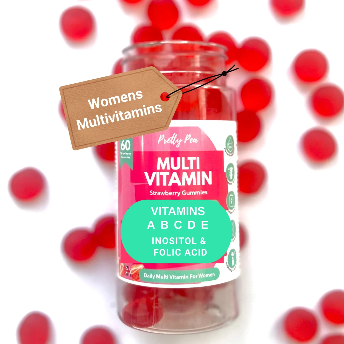 strawberry gummies, multivitamins for women, multivitamin gummies, vitamim gummies, inositol, pregnancy gummies - Pretty Pea multivitamin gummies, strawberry gummies, multivitamin supplements for women, vitamin gummies, inositol gummies