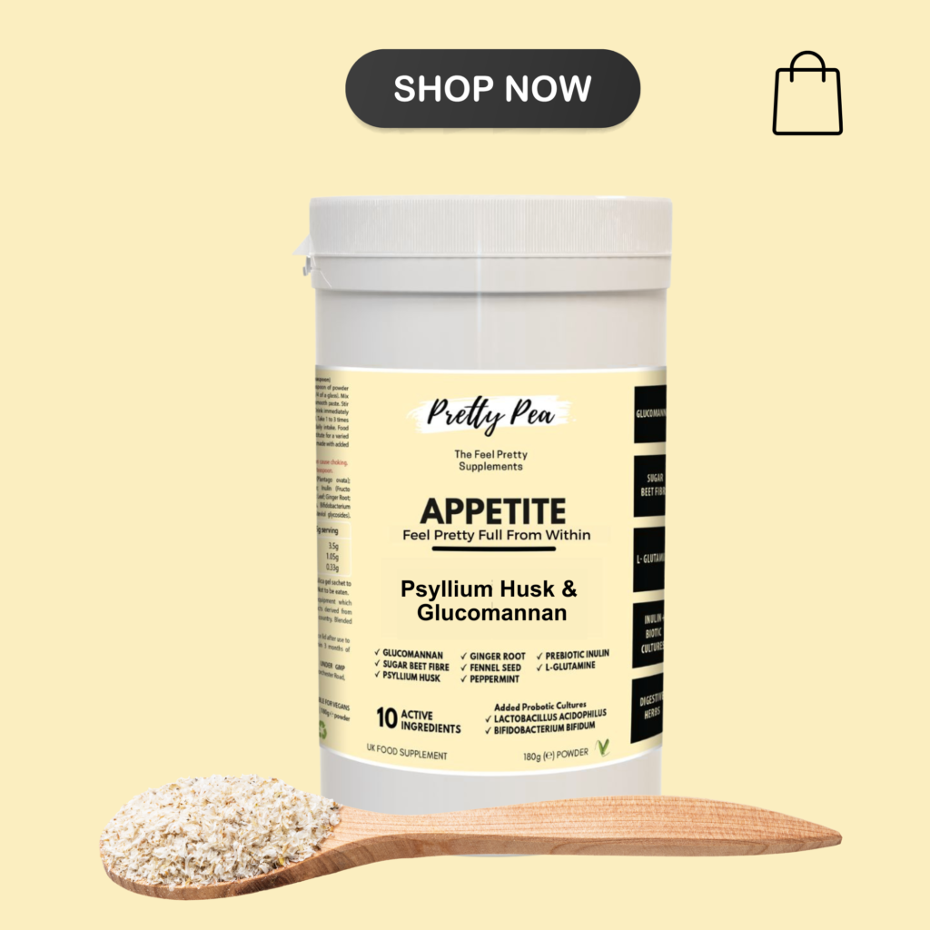 - Pretty Pea Container labelled Psyllium Husk & Glucomannan supplement on a pale yellow background, with oats on a wooden spoon in the foreground and a 'Shop Now' badge above.