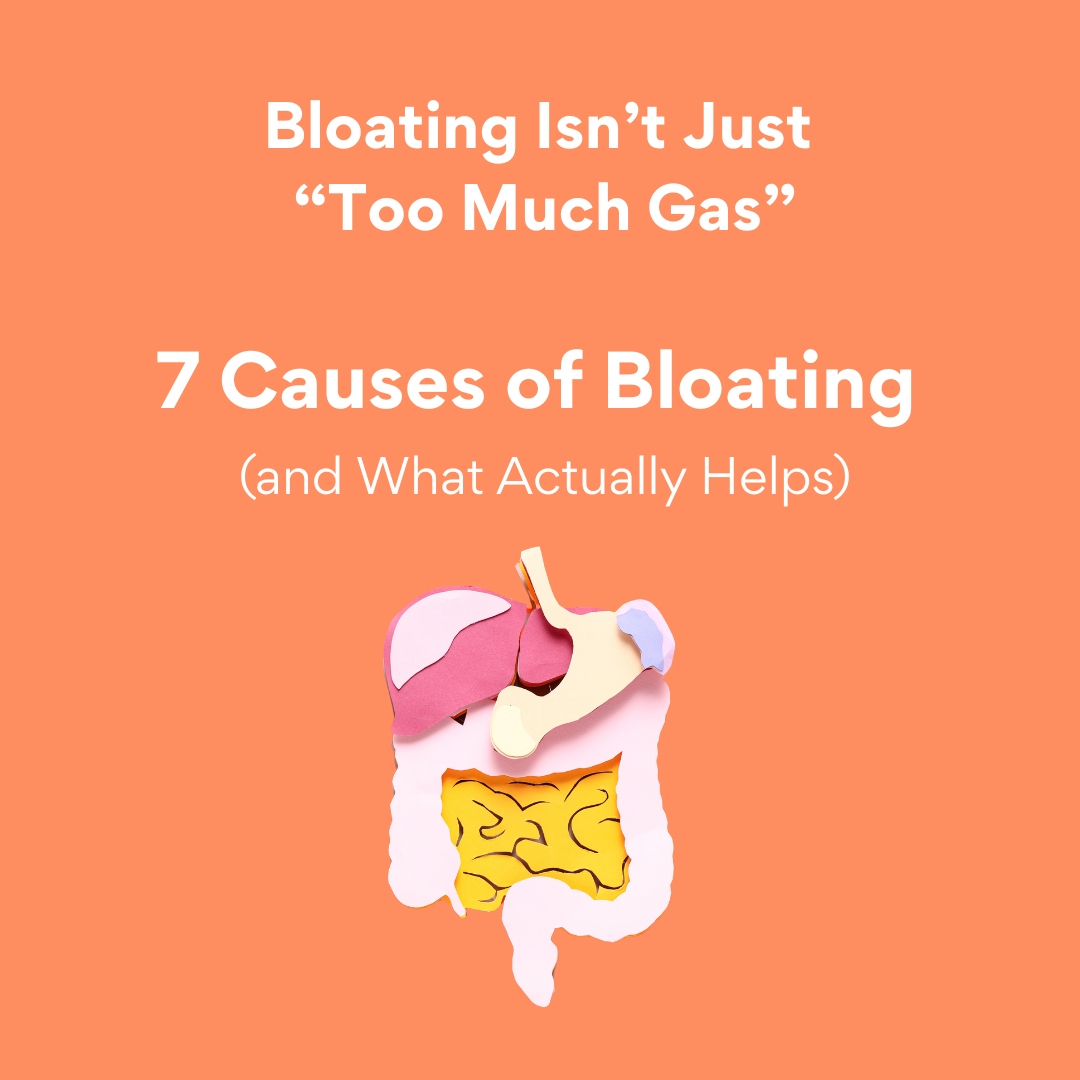 - Pretty Pea Promotional graphic about bloating: orange background, white titles, and a cutaway illustration of the digestive system beneath the text.