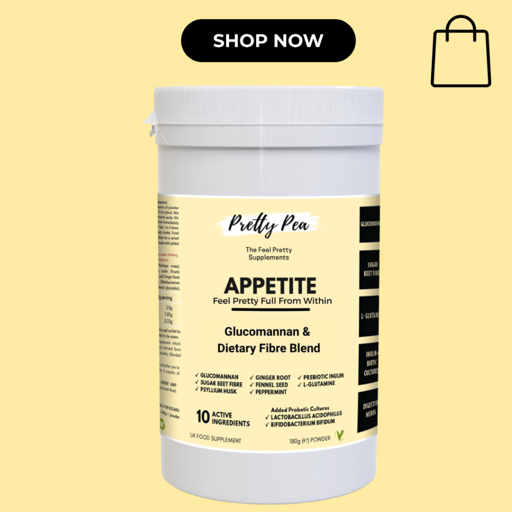 White bottle labeled 'Pretty Pea' Appetite dietary supplement with glucomannan and dietary fibre blend against a pale yellow background; 'Shop Now' banner above.
