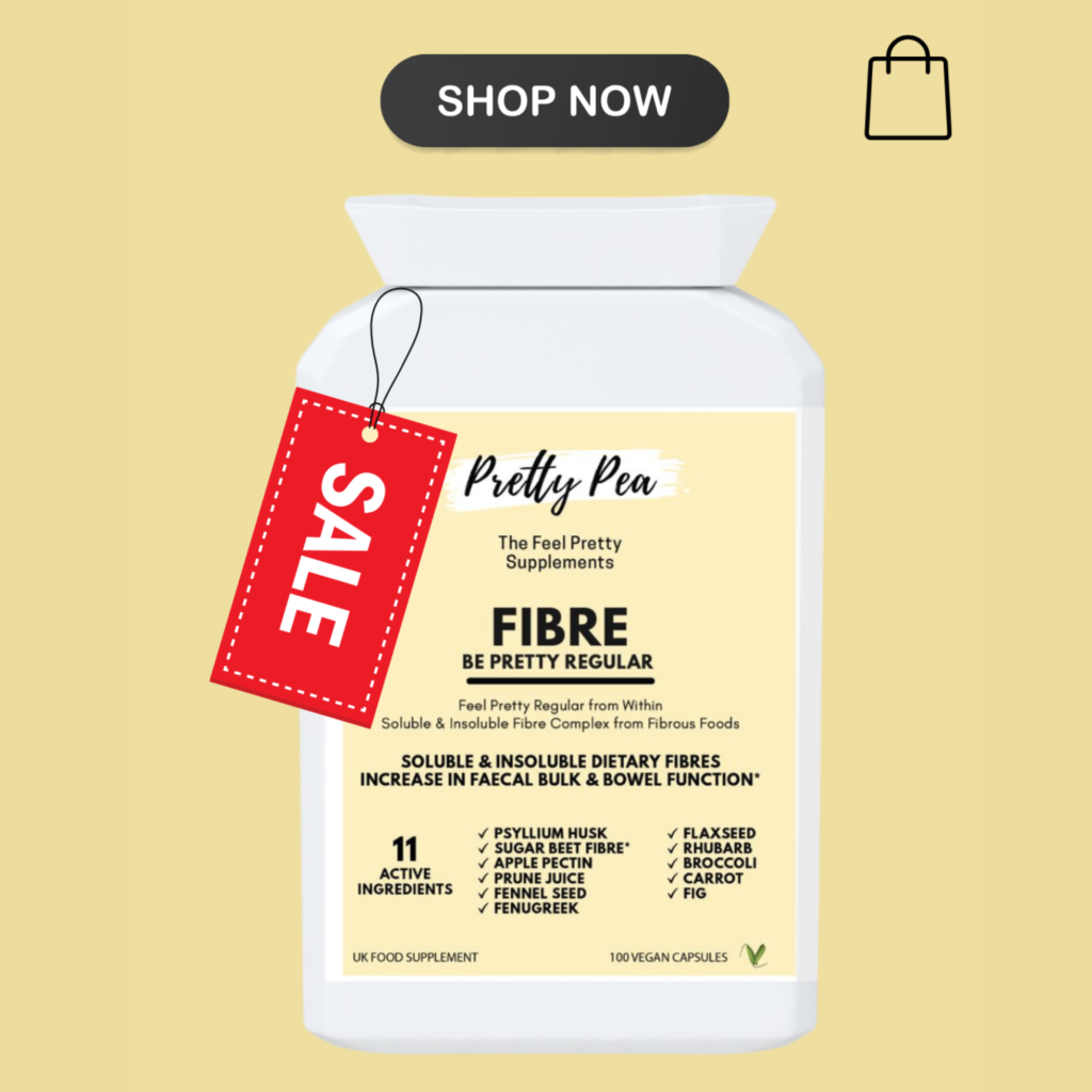 Bottle of fibre supplement with red SALE tag and a black 'Shop Now' button above on a pale yellow background, product-focused image.