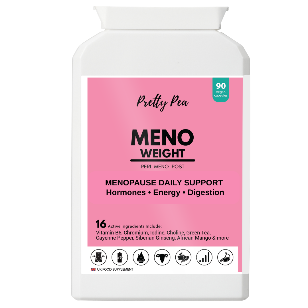 White supplement bottle with a pink label reading 'MENO WEIGHT' for menopause daily support and 90 vegan capsules visible on the top-right badge.
