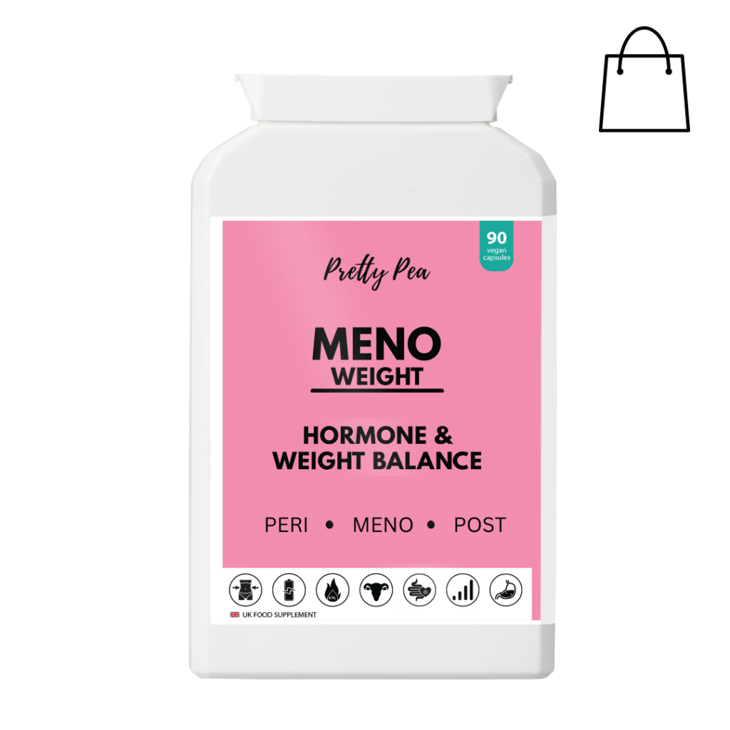White supplement bottle with a pink label that reads 'MENO WEIGHT' and 'Hormone & Weight Balance' (90 vegan capsules); shopping bag icon appears to the right.
