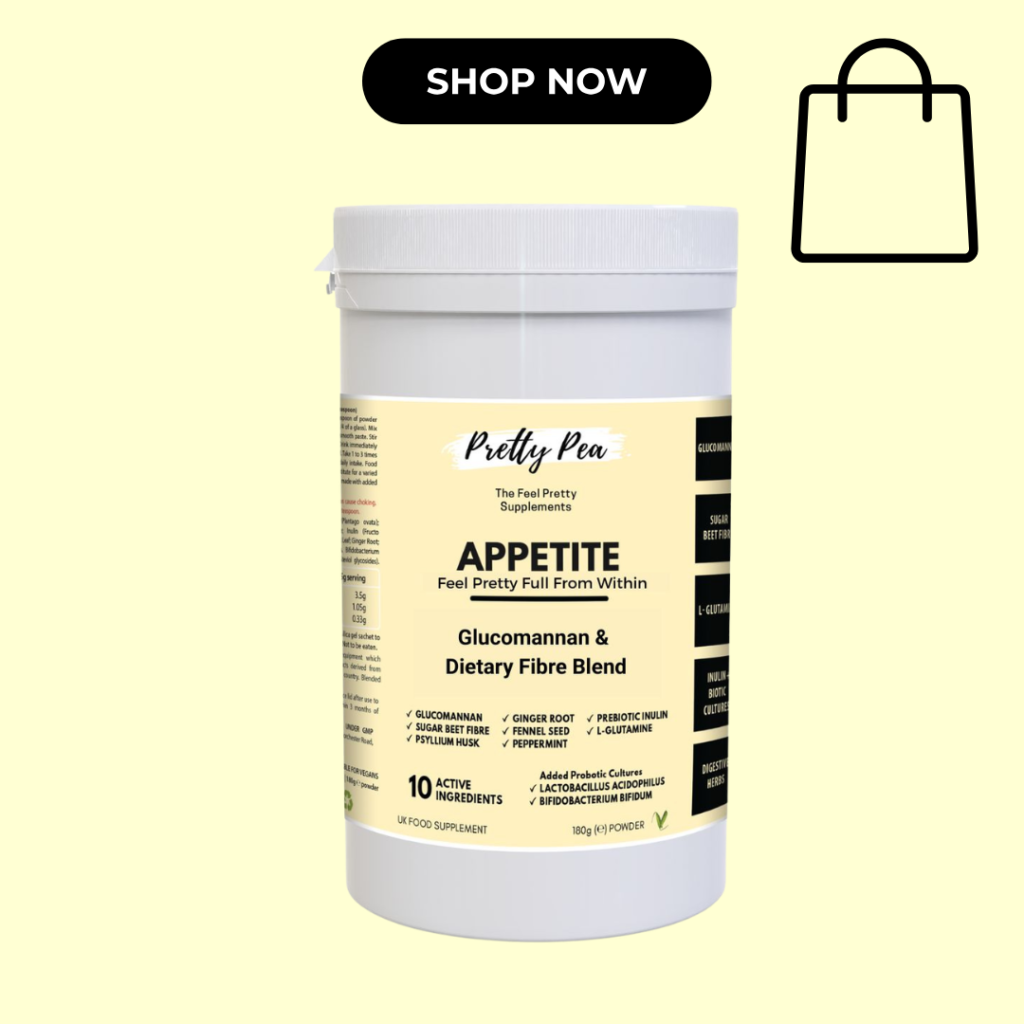 which foods increase GLP-1 naturally, Bottle of Pretty Pea Appetite glucomannan and dietary fibre supplement on pale yellow background; includes 'Shop Now' CTA.