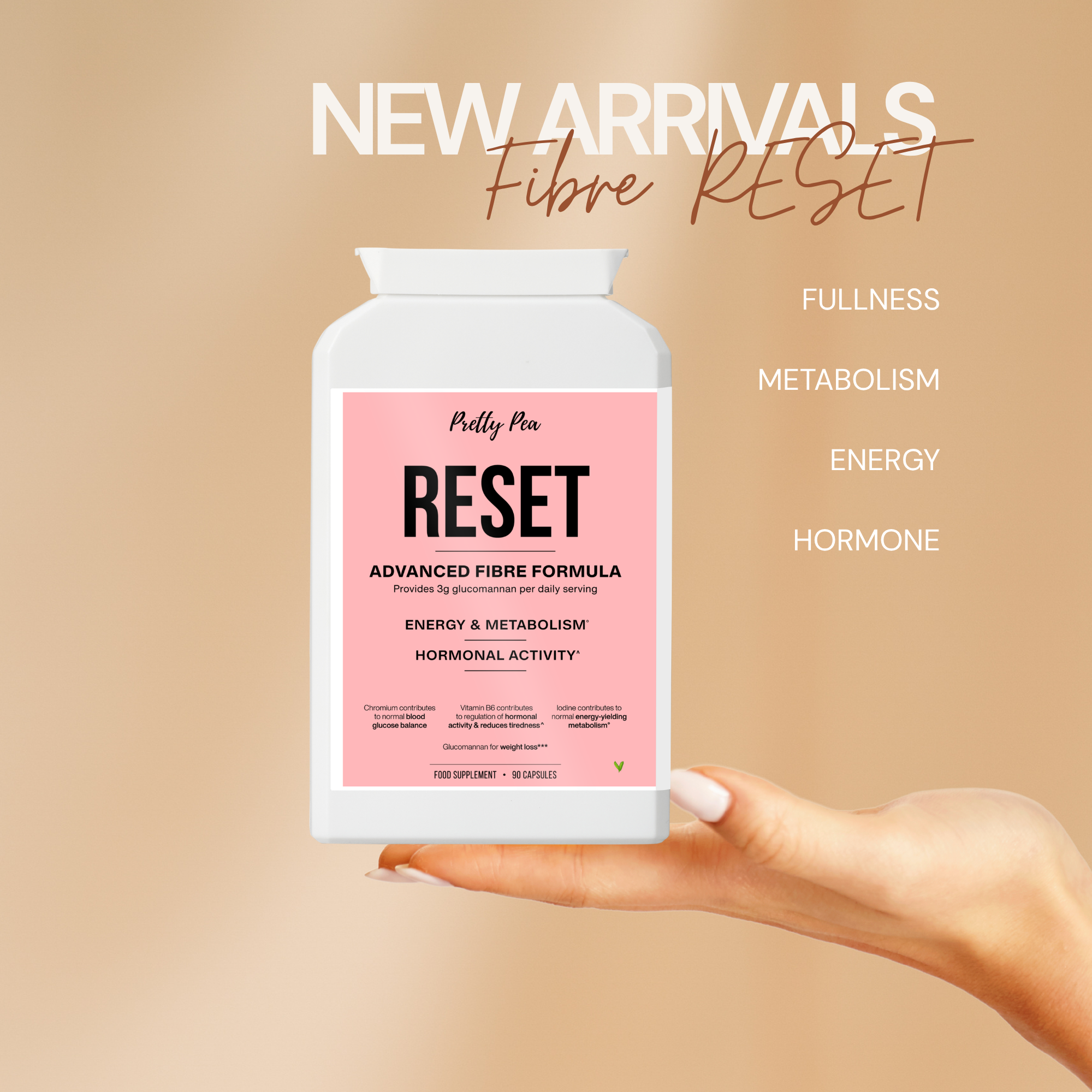 Hand holding a white bottle with a pink label that says 'RESET' against a beige background. fibre supplement, glucomannan supplement