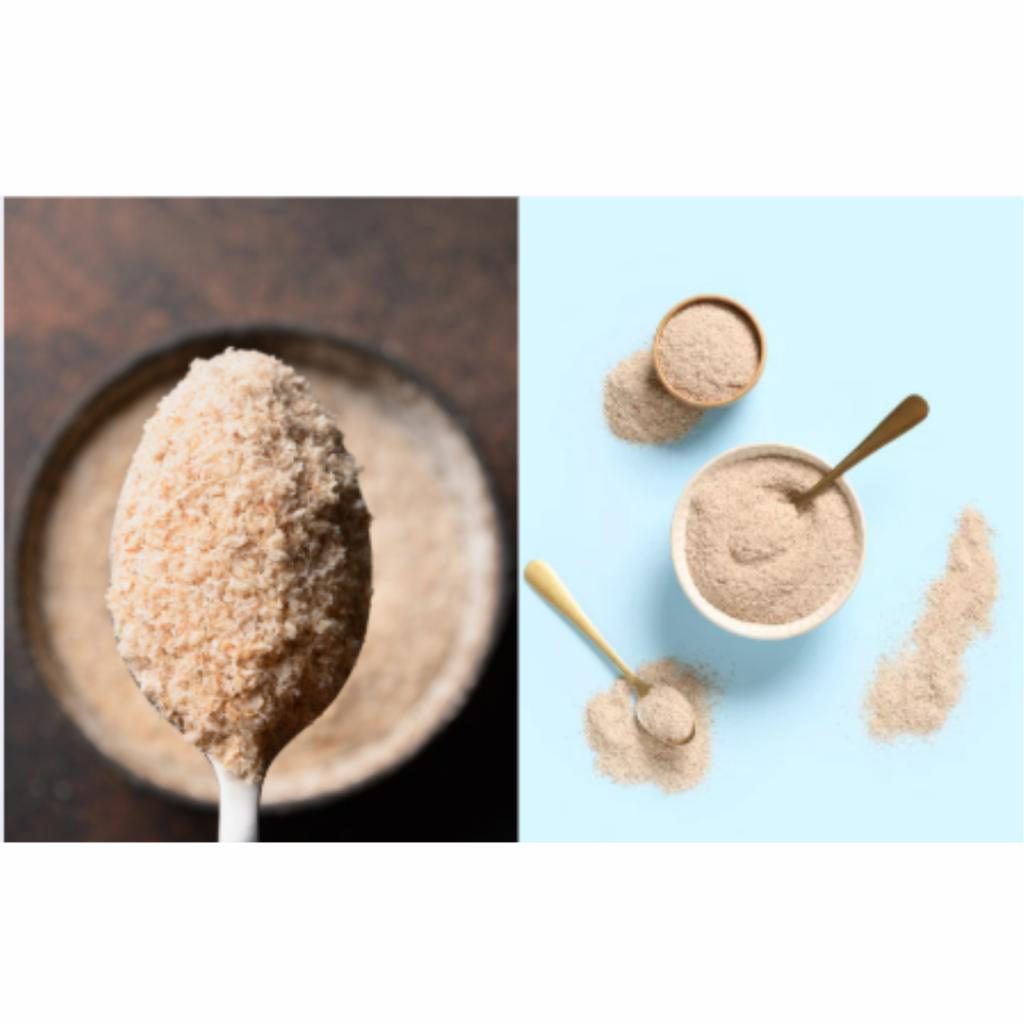 Side-by-side image: left shows a spoonful of brown powder over a bowl; right shows bowls and scoops of light beige powder on a blue background.