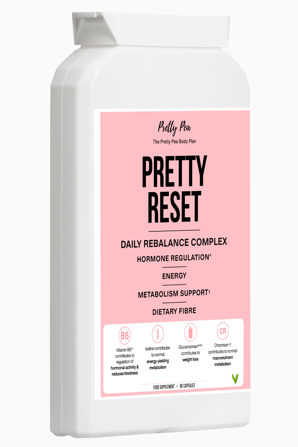 White supplement bottle with a pink label that says Pretty Reset and lists daily rebalance complex, hormone regulation, energy, metabolism support, and dietary fibre