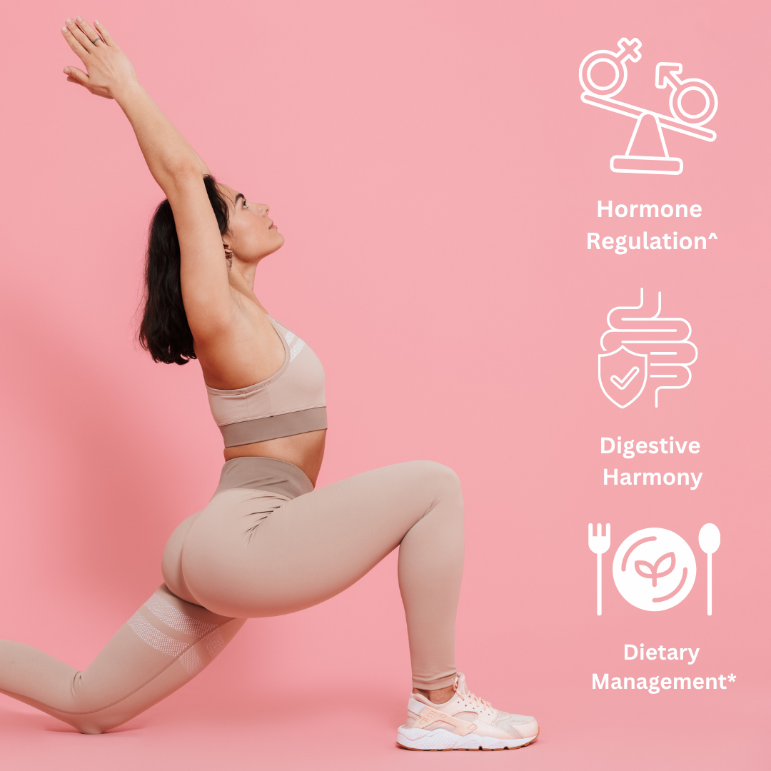 Woman in beige athletic wear performing a lunge against a pink backdrop; right side shows icons and text for Hormone Regulation, Digestive Harmony, and Dietary Management.